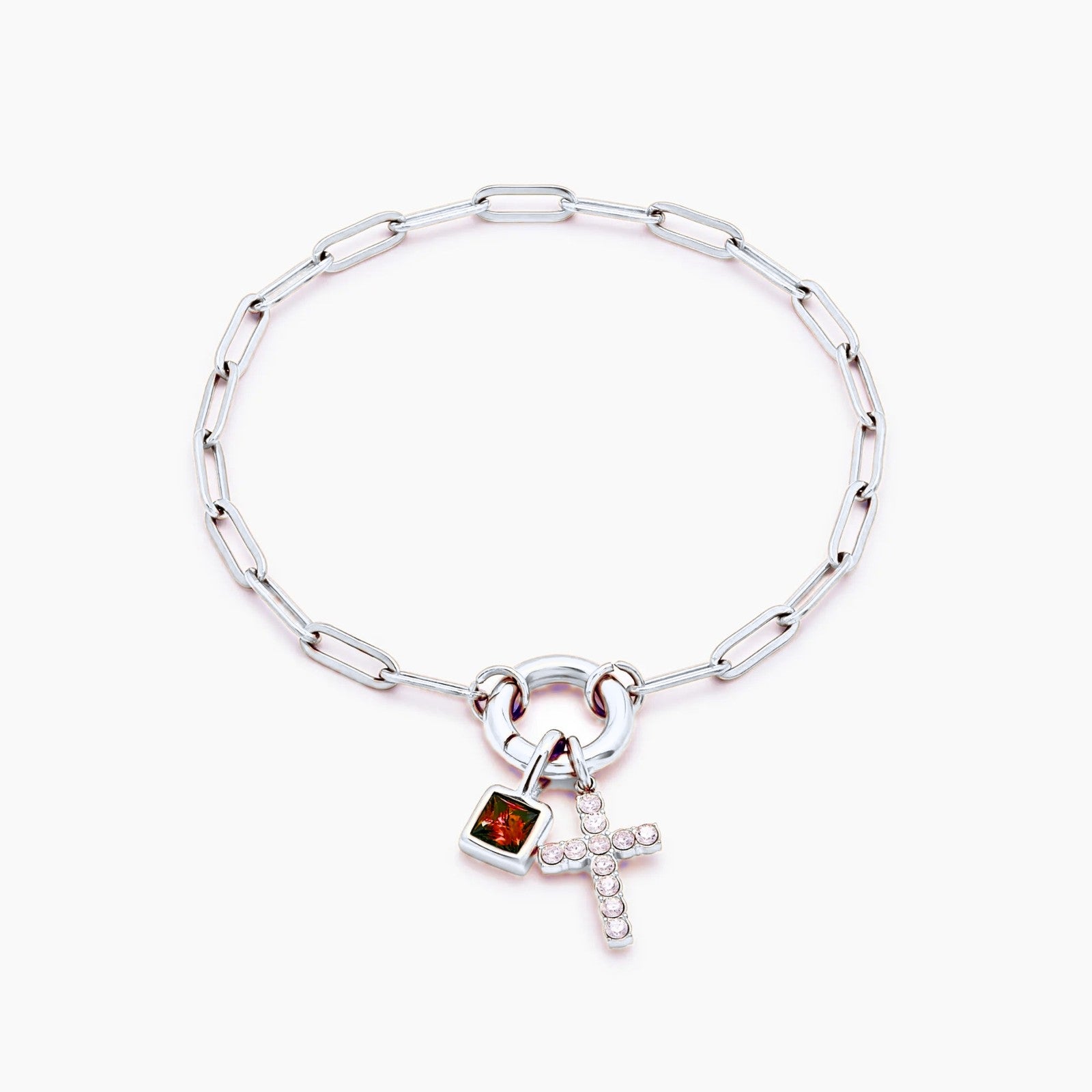 paperclip-cross-charm-bracelet — Silver / Jul-Ruby