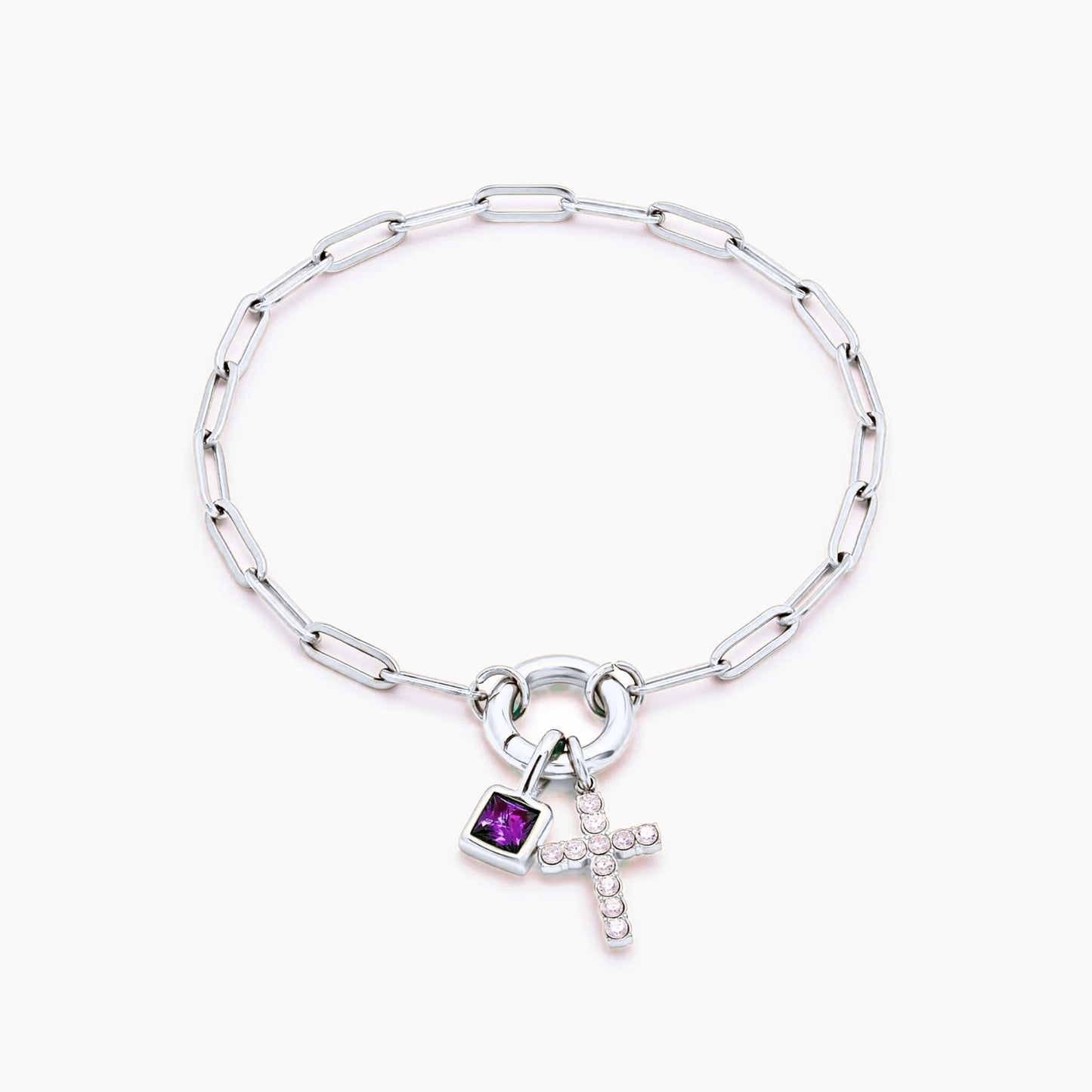 paperclip-cross-charm-bracelet — Silver / Jun-Alexandrite
