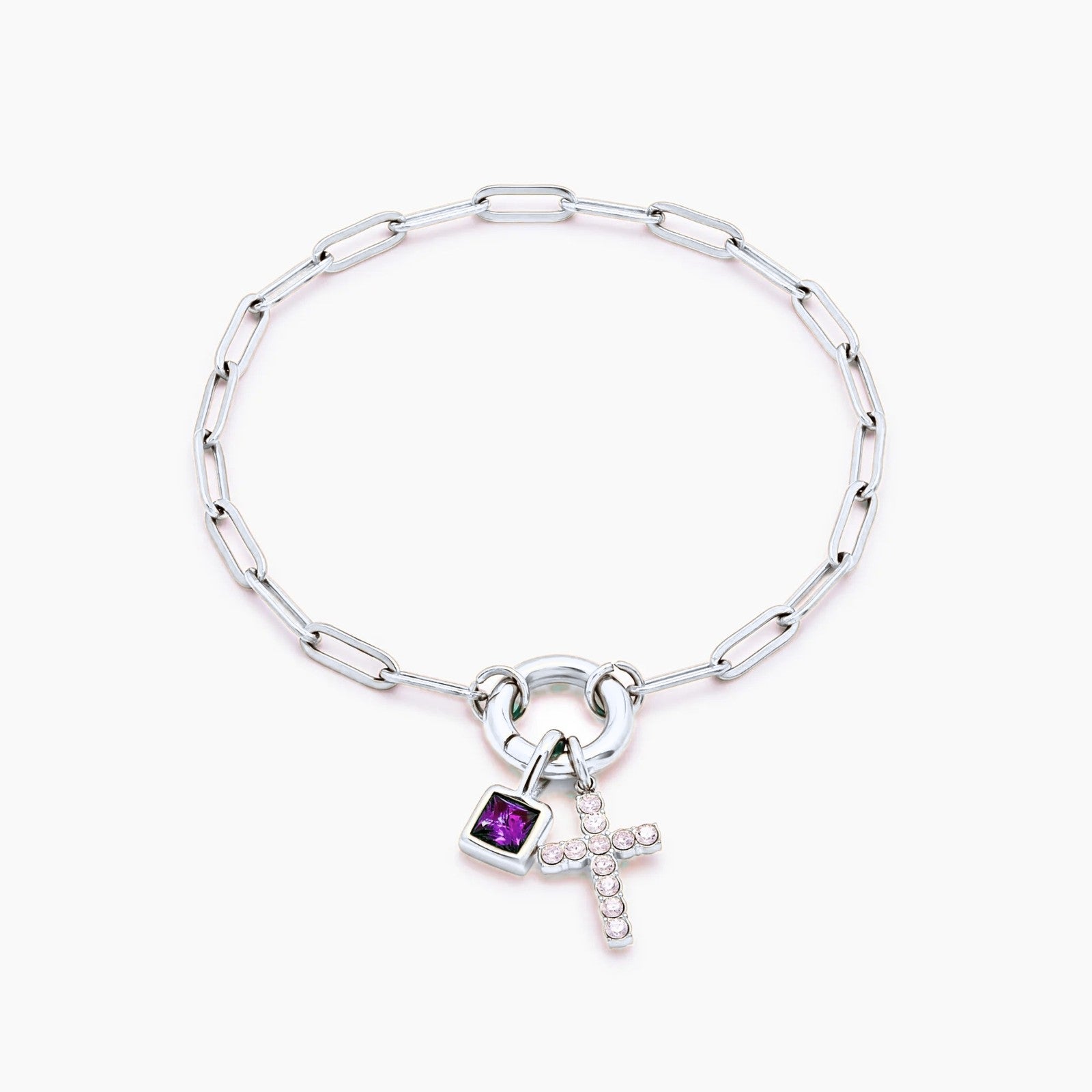 paperclip-cross-charm-bracelet — Silver / Jun-Alexandrite
