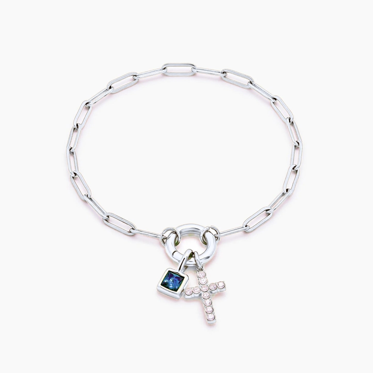 paperclip-cross-charm-bracelet — Silver / Mar-Aquamarine