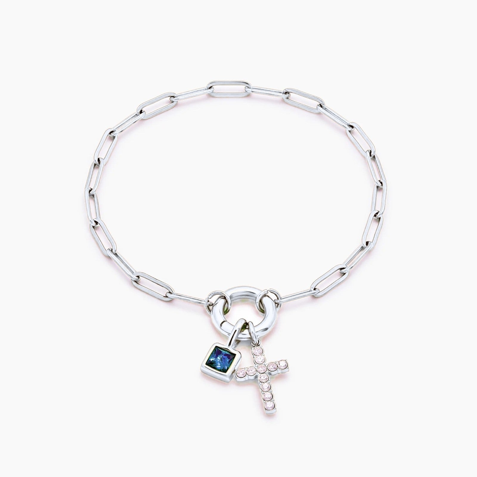 paperclip-cross-charm-bracelet — Silver / Mar-Aquamarine