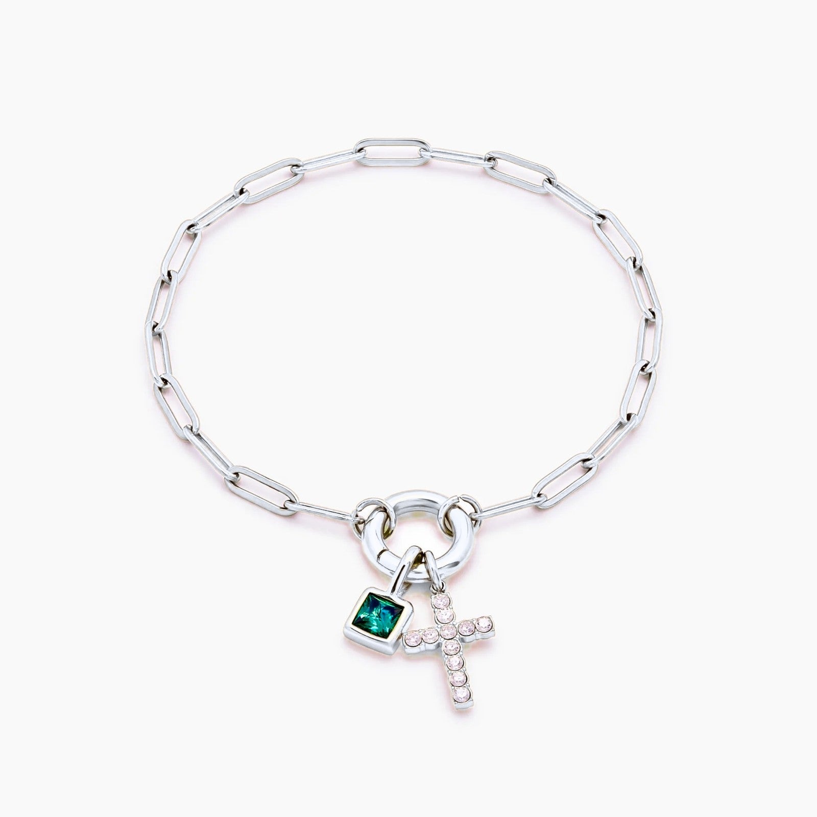paperclip-cross-charm-bracelet — Silver / May-Emerald