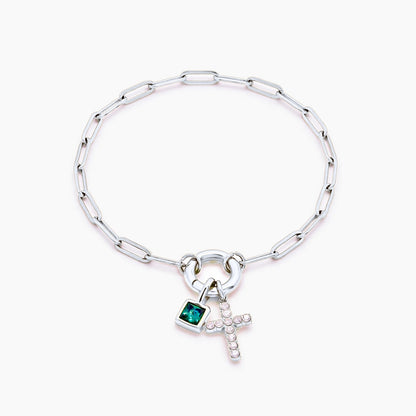 paperclip-cross-charm-bracelet — Silver / May-Emerald
