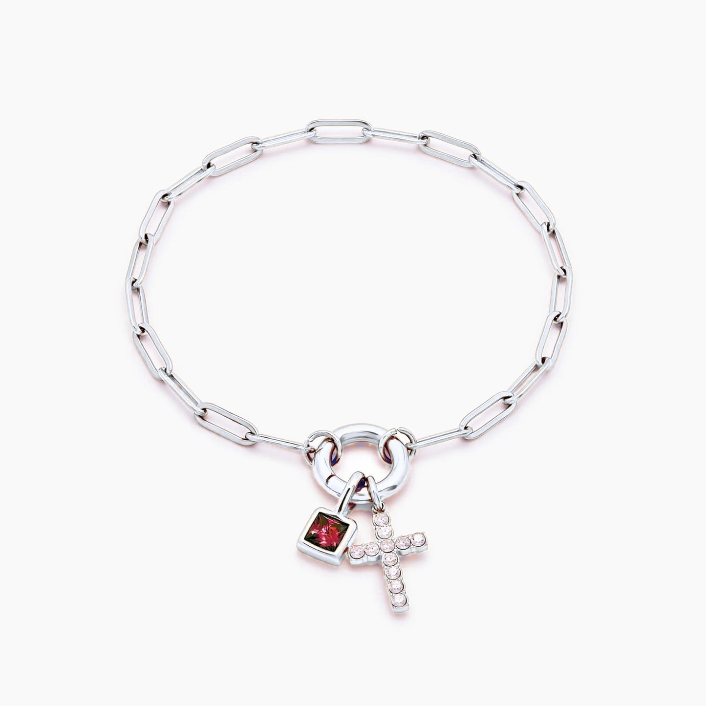 paperclip-cross-charm-bracelet — Silver / Oct-Pink Tourmaline
