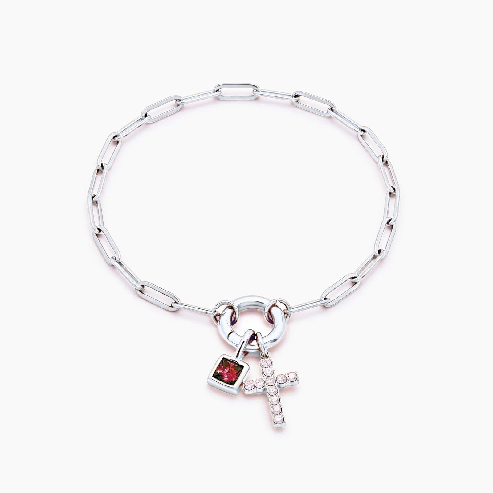 paperclip-cross-charm-bracelet — Silver / Oct-Pink Tourmaline