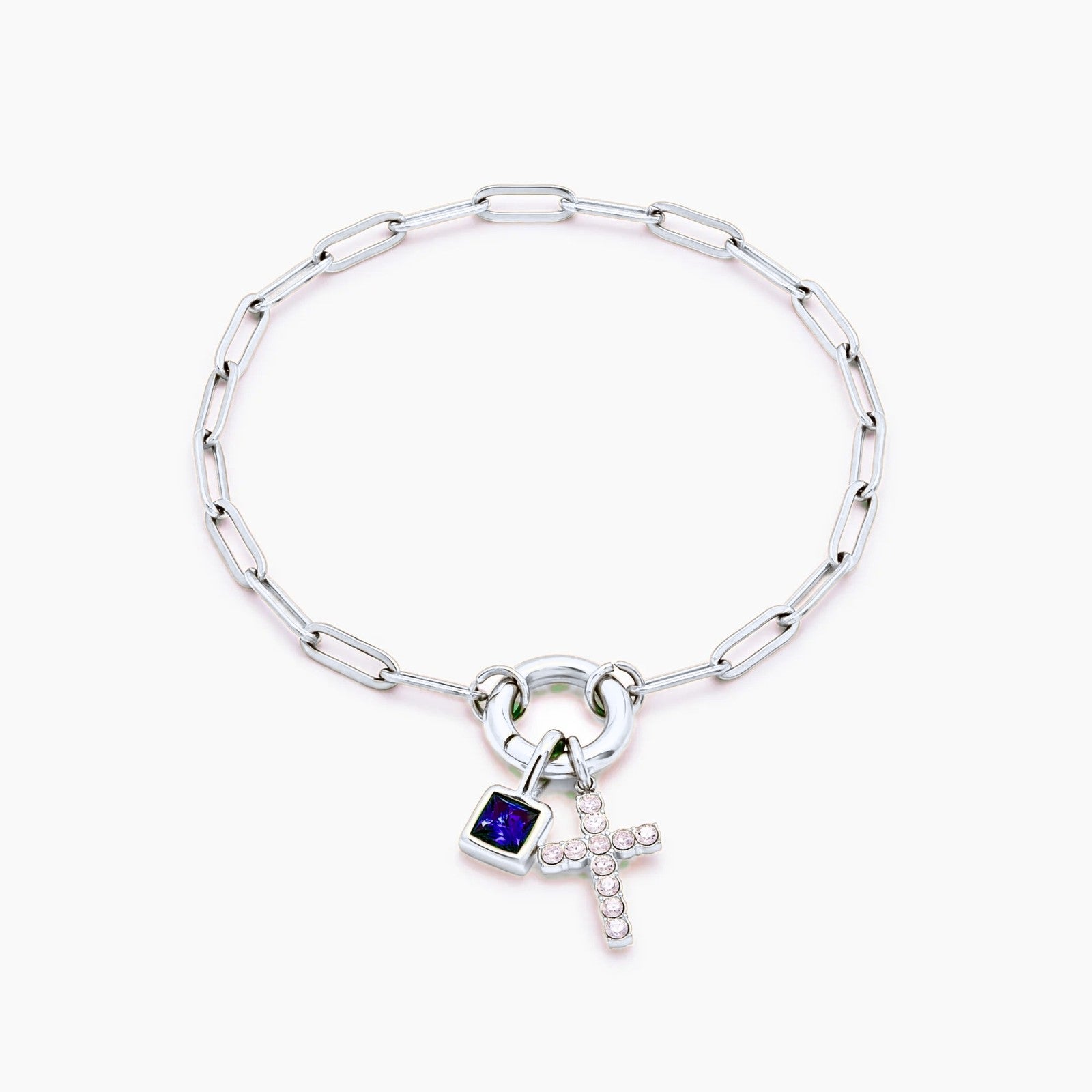 paperclip-cross-charm-bracelet — Silver / Sep-Sapphire