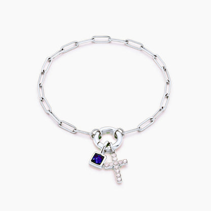 paperclip-cross-charm-bracelet — Silver / Sep-Sapphire