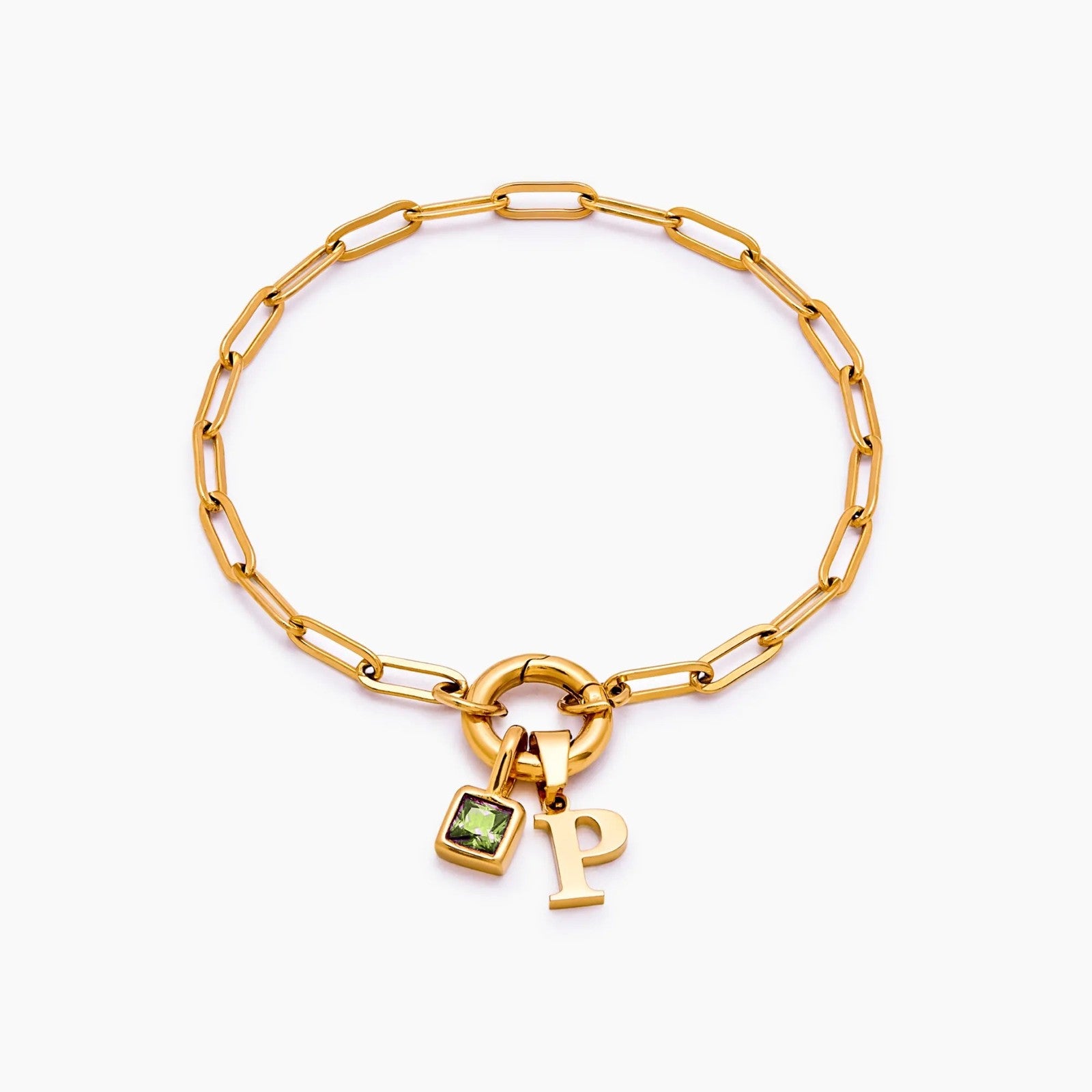 paperclip-initial-birthstone-bracelet — Gold / Aug-Peridot