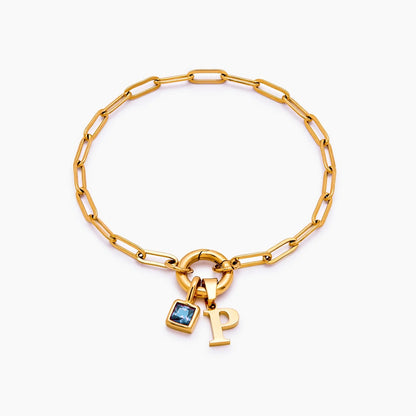 paperclip-initial-birthstone-bracelet — Gold / Dec-Blue Topaz