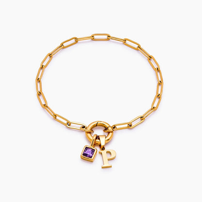 paperclip-initial-birthstone-bracelet — Gold / Feb-Amethyst