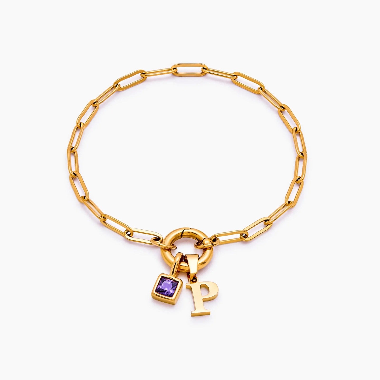 paperclip-initial-birthstone-bracelet — Gold / Jun-Alexandrite