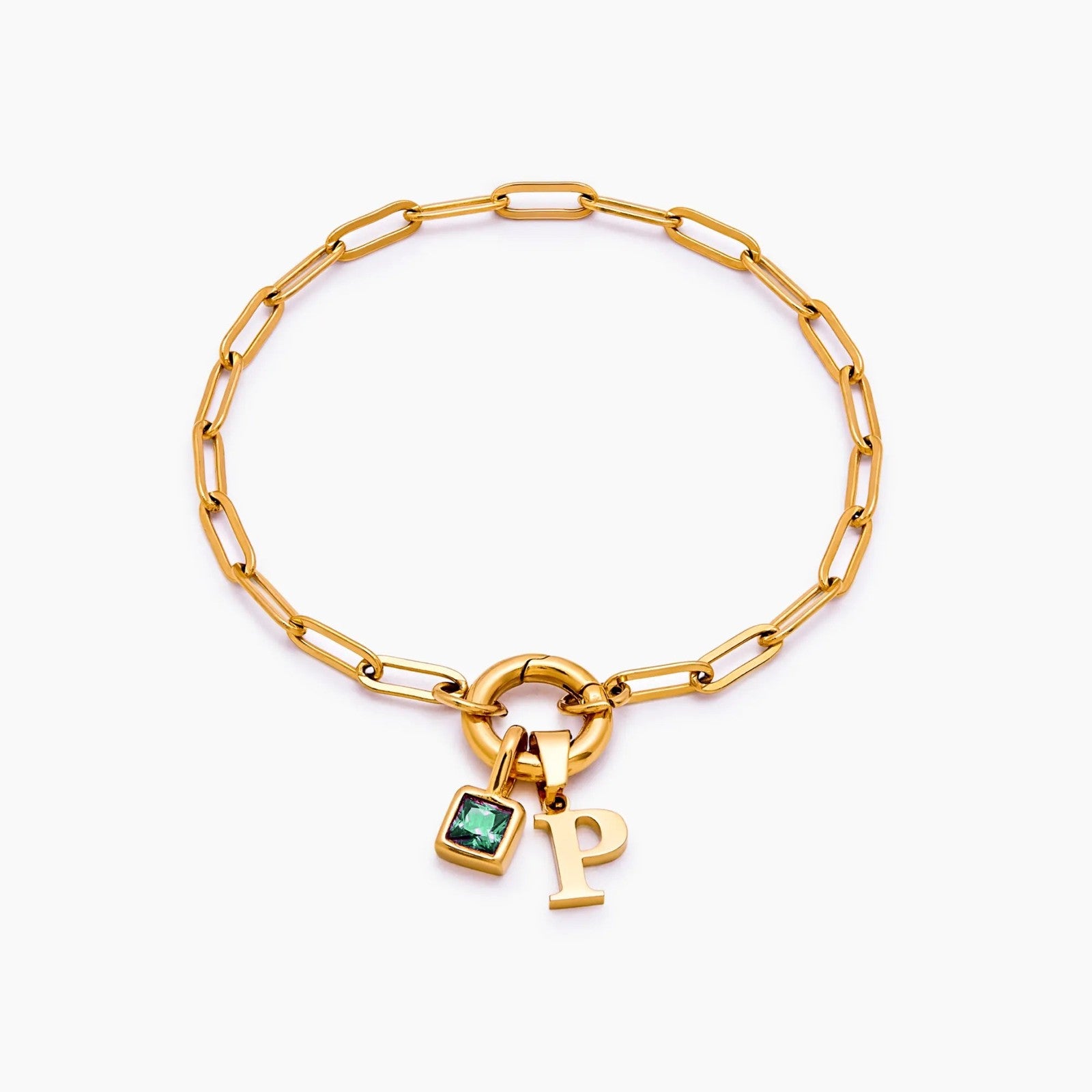 paperclip-initial-birthstone-bracelet — Gold / May-Emerald