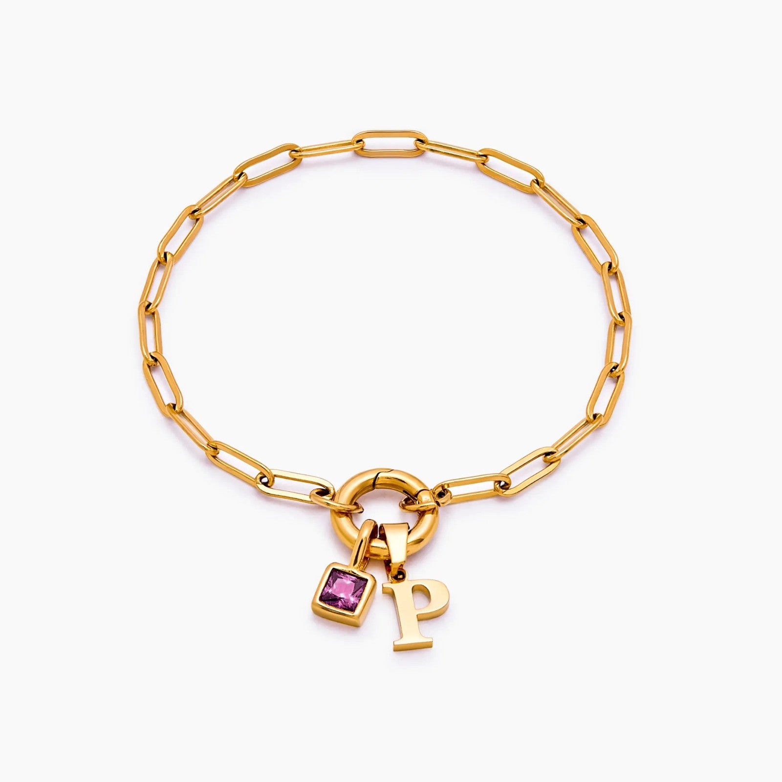 paperclip-initial-birthstone-bracelet — Gold / Oct-Pink Tourmaline