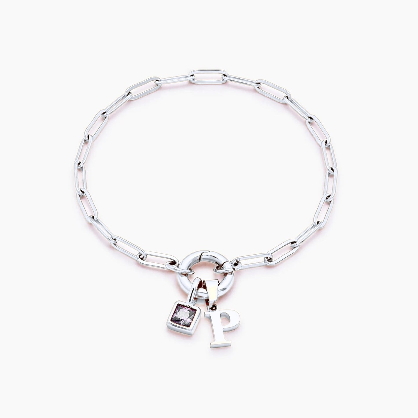 paperclip-initial-birthstone-bracelet — Silver / Apr-Diamond