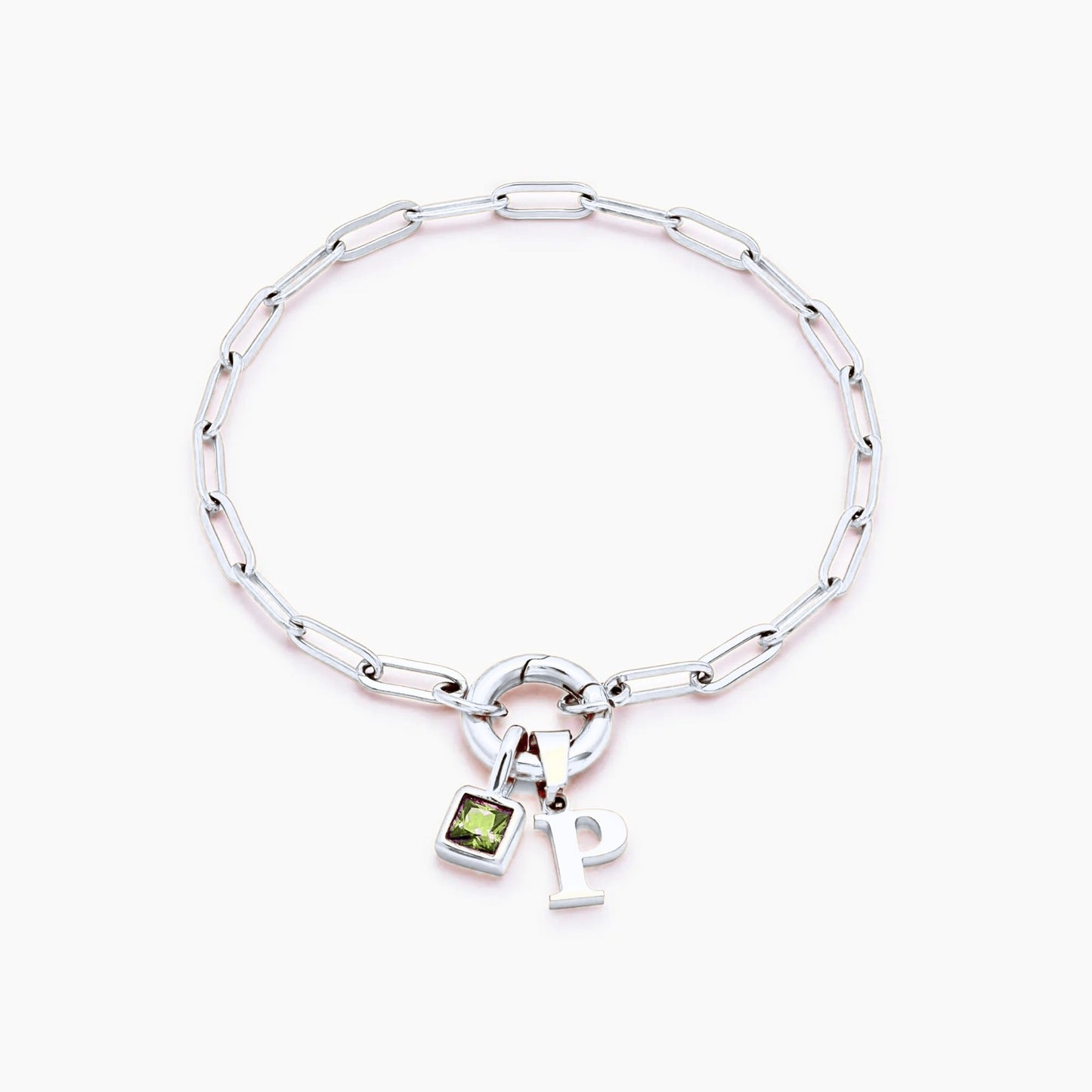 paperclip-initial-birthstone-bracelet — Silver / Aug-Peridot