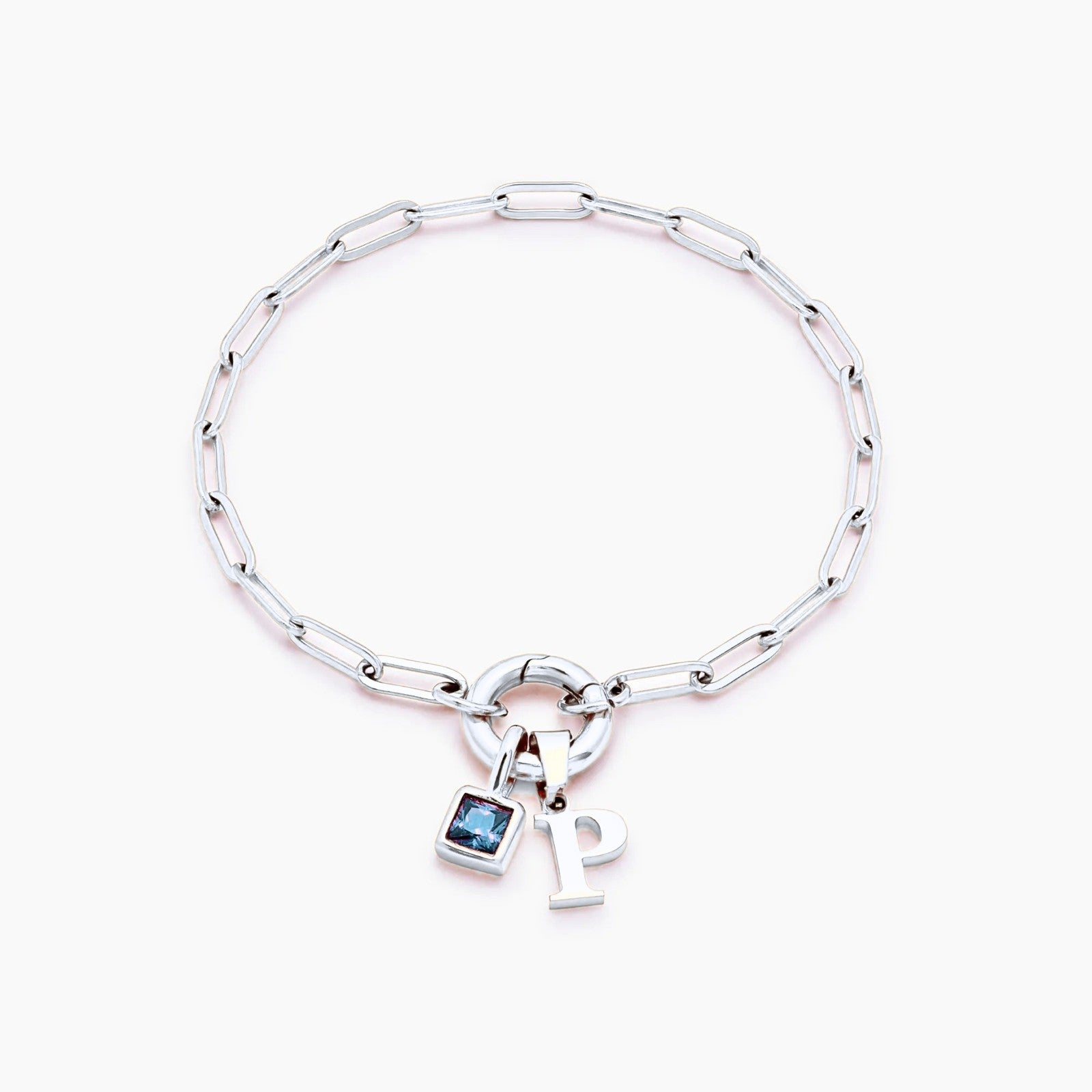 paperclip-initial-birthstone-bracelet — Silver / Dec-Blue Topaz