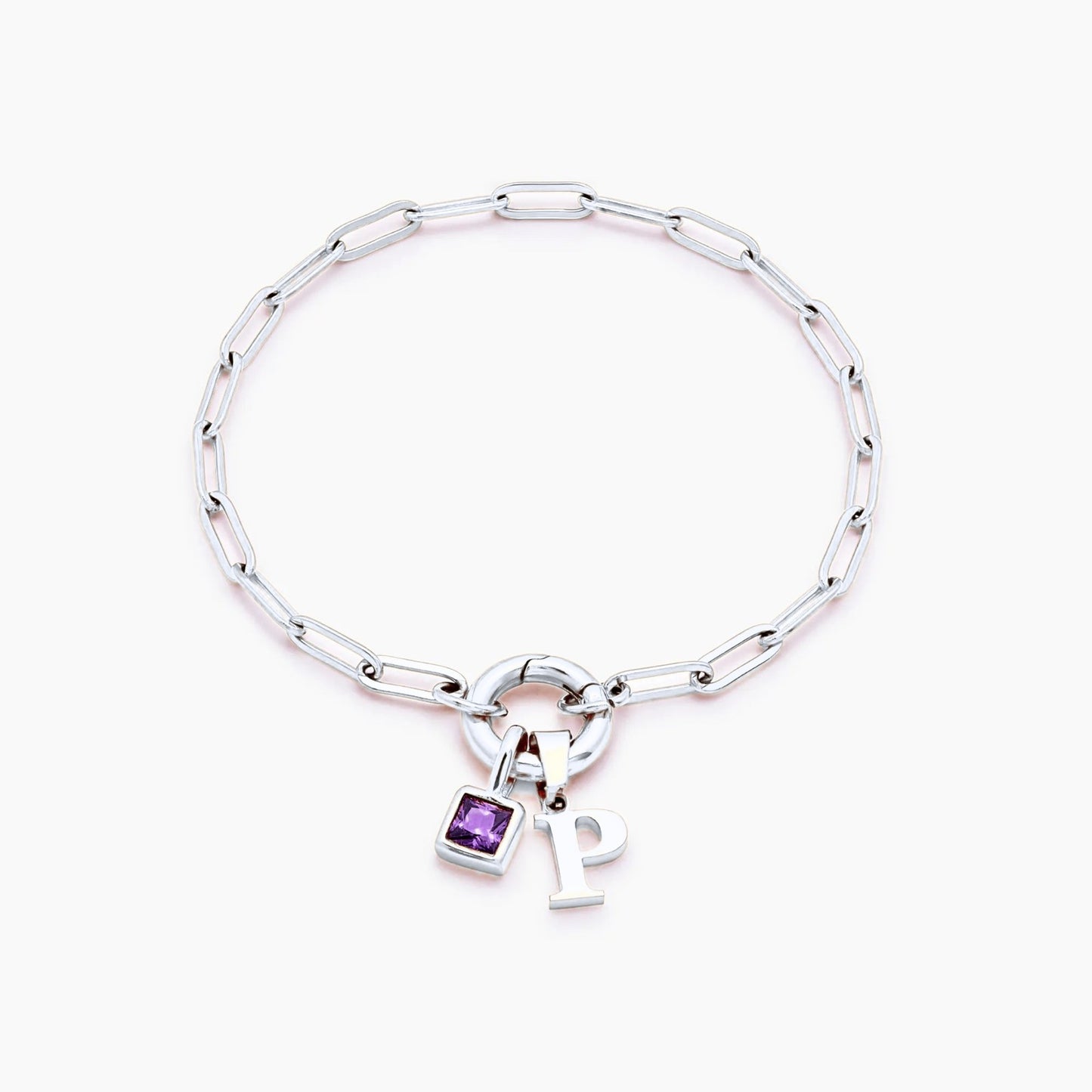 paperclip-initial-birthstone-bracelet — Silver / Feb-Amethyst