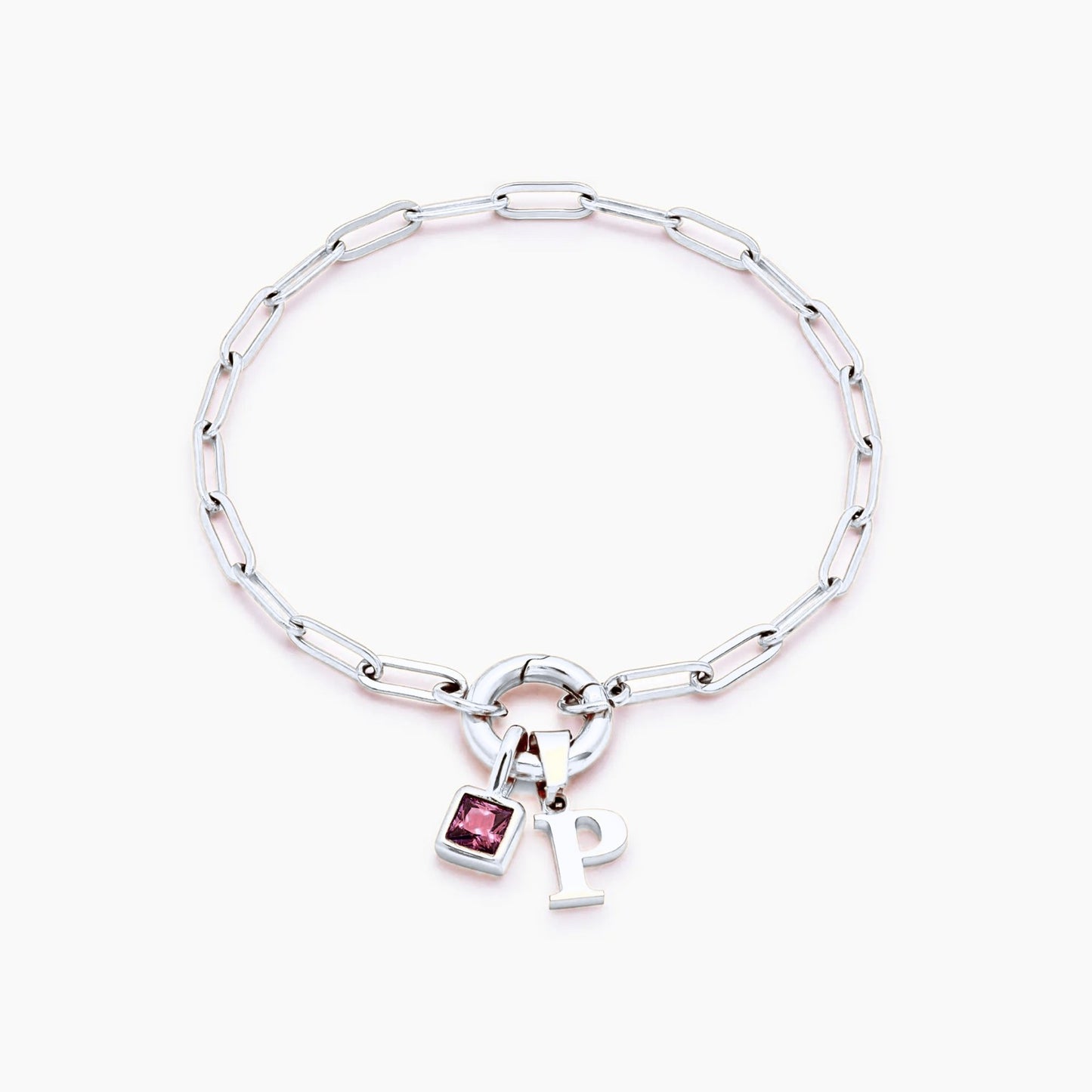 paperclip-initial-birthstone-bracelet — Silver / Jul-Ruby