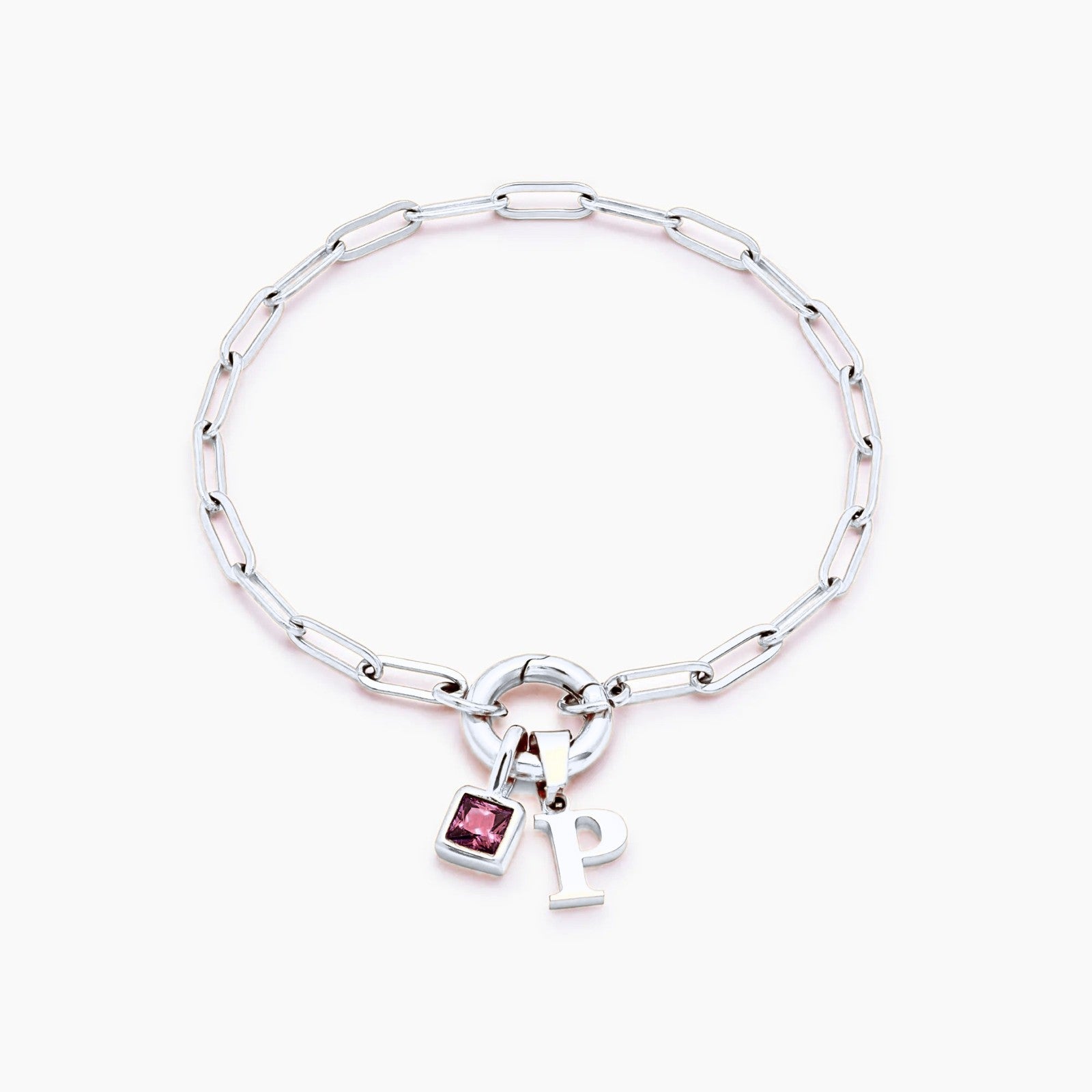 paperclip-initial-birthstone-bracelet — Silver / Jul-Ruby