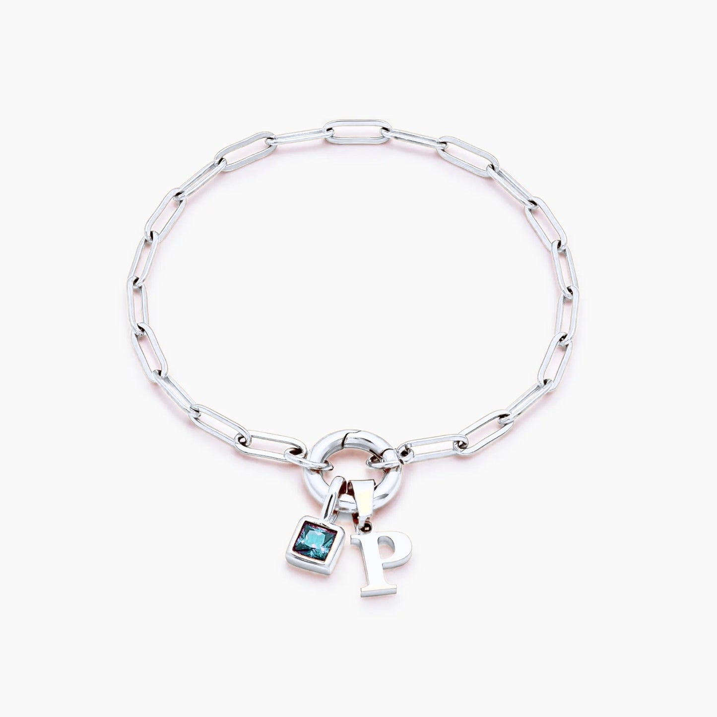 paperclip-initial-birthstone-bracelet — Silver / Mar-Aquamarine