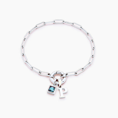 paperclip-initial-birthstone-bracelet — Silver / Mar-Aquamarine