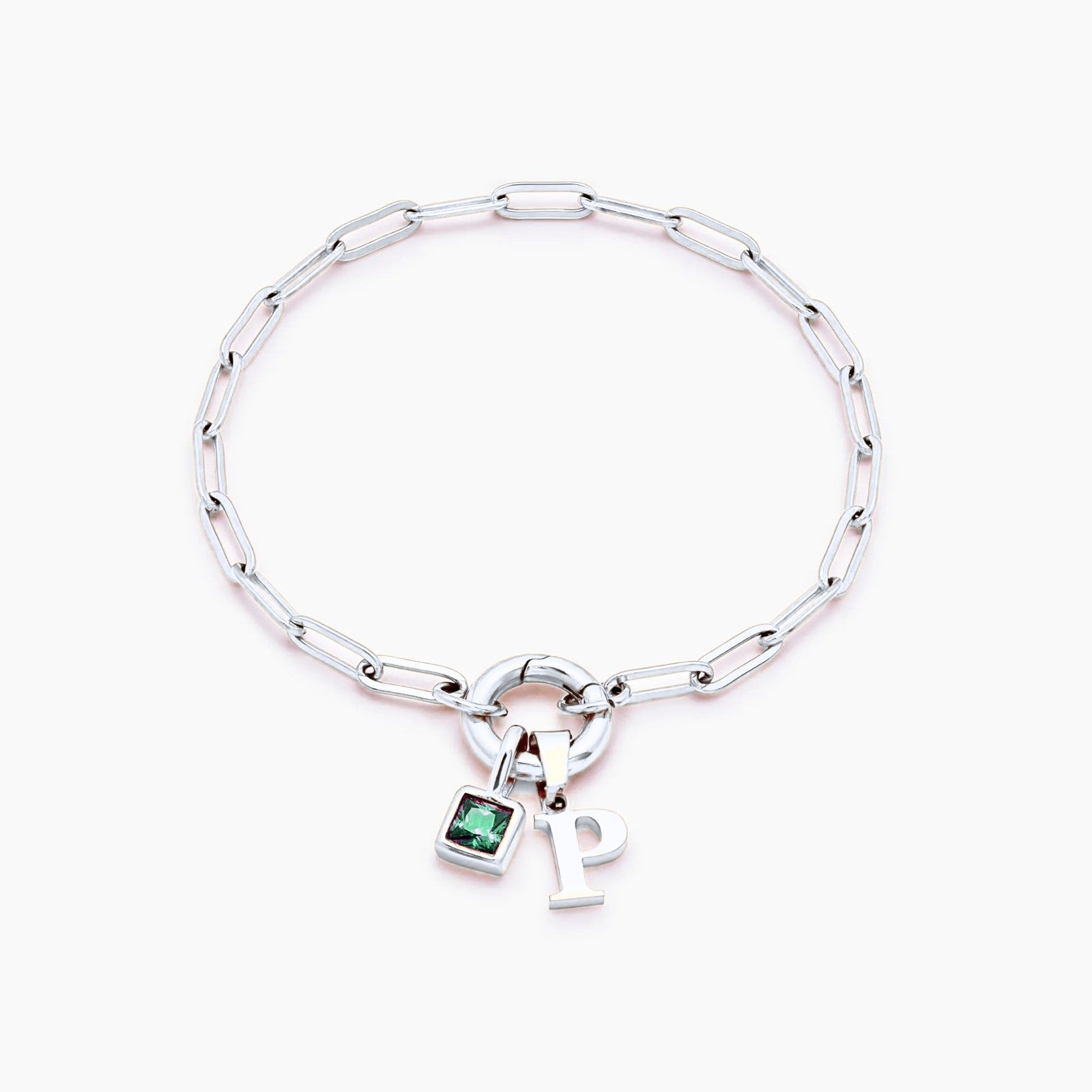 paperclip-initial-birthstone-bracelet — Silver / May-Emerald