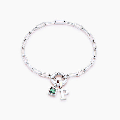 paperclip-initial-birthstone-bracelet — Silver / May-Emerald