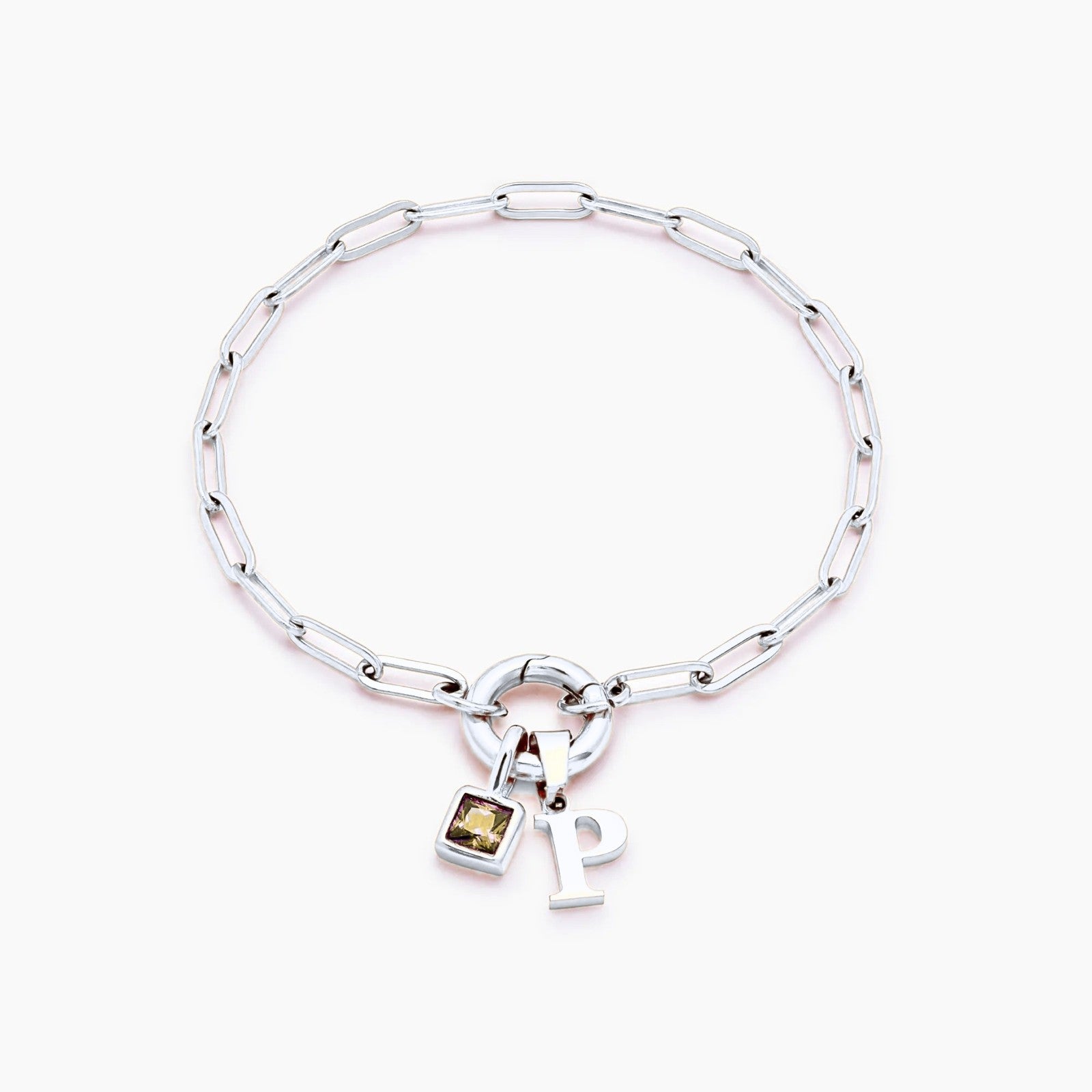 paperclip-initial-birthstone-bracelet — Silver / Nov-Citrine