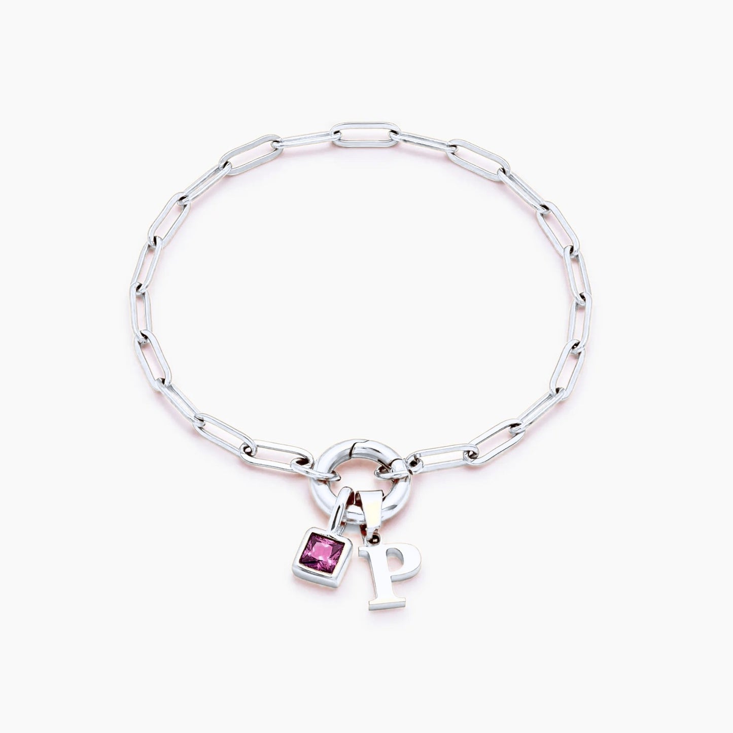 paperclip-initial-birthstone-bracelet — Silver / Oct-Pink Tourmaline