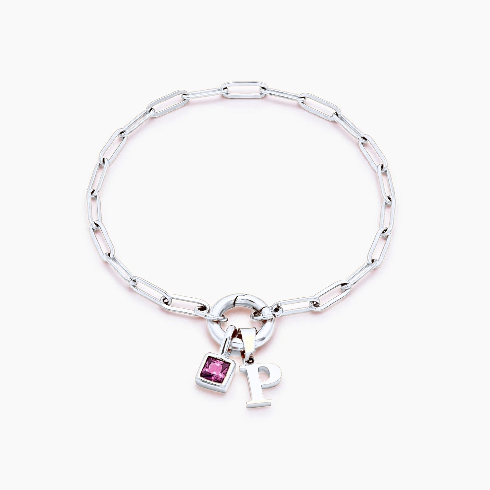 paperclip-initial-birthstone-bracelet — Silver / Oct-Pink Tourmaline