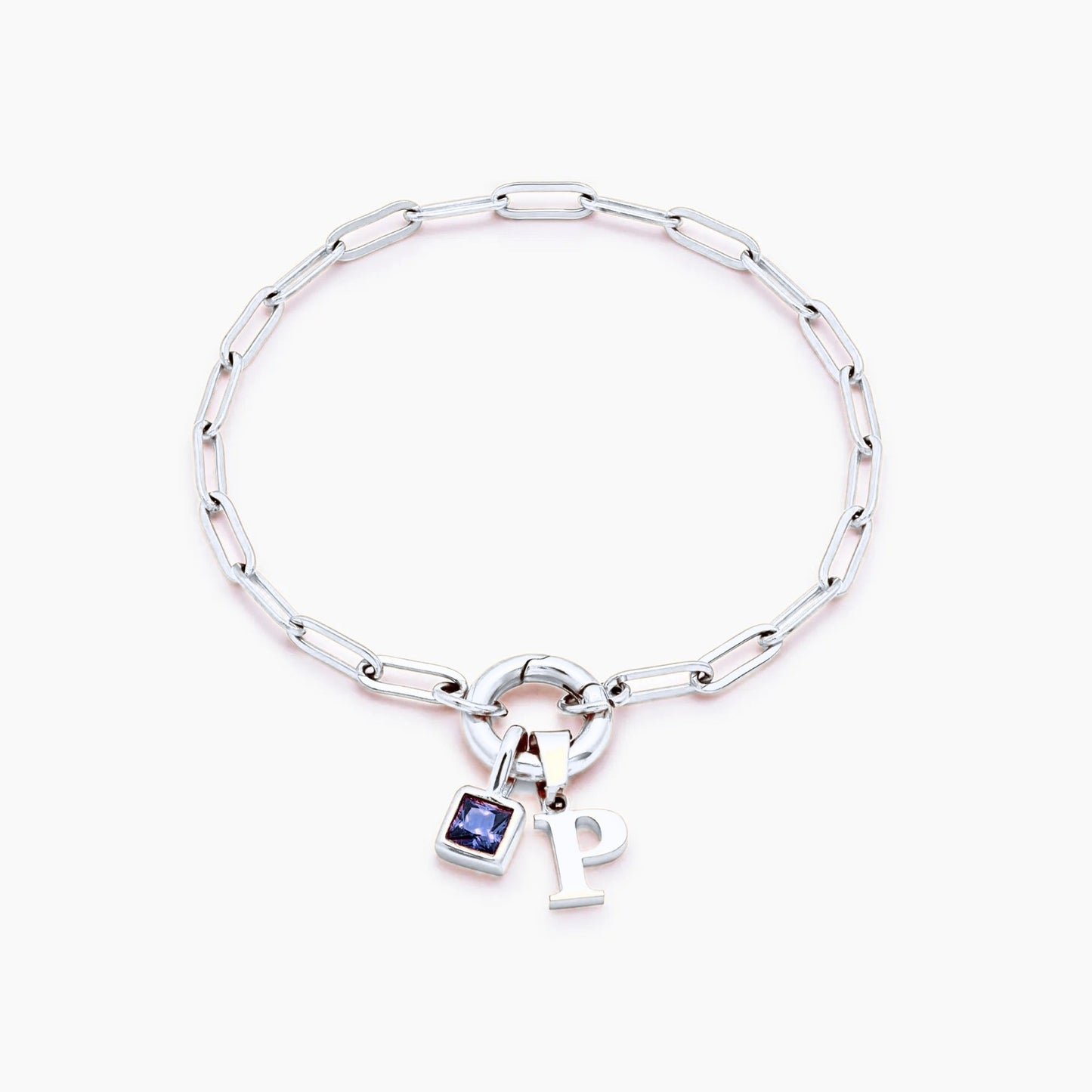 paperclip-initial-birthstone-bracelet — Silver / Sep-Sapphire