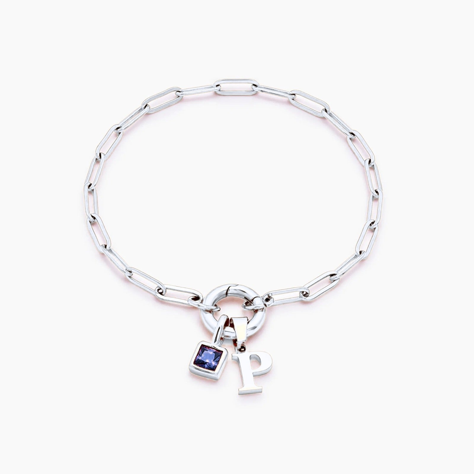 paperclip-initial-birthstone-bracelet — Silver / Sep-Sapphire