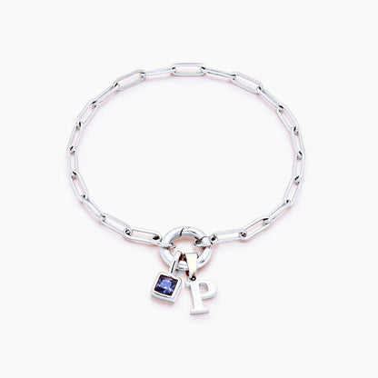 paperclip-initial-birthstone-bracelet — Silver / Sep-Sapphire