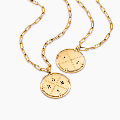 Gold engraved compass necklace worn on model — Olivia Jewelry
