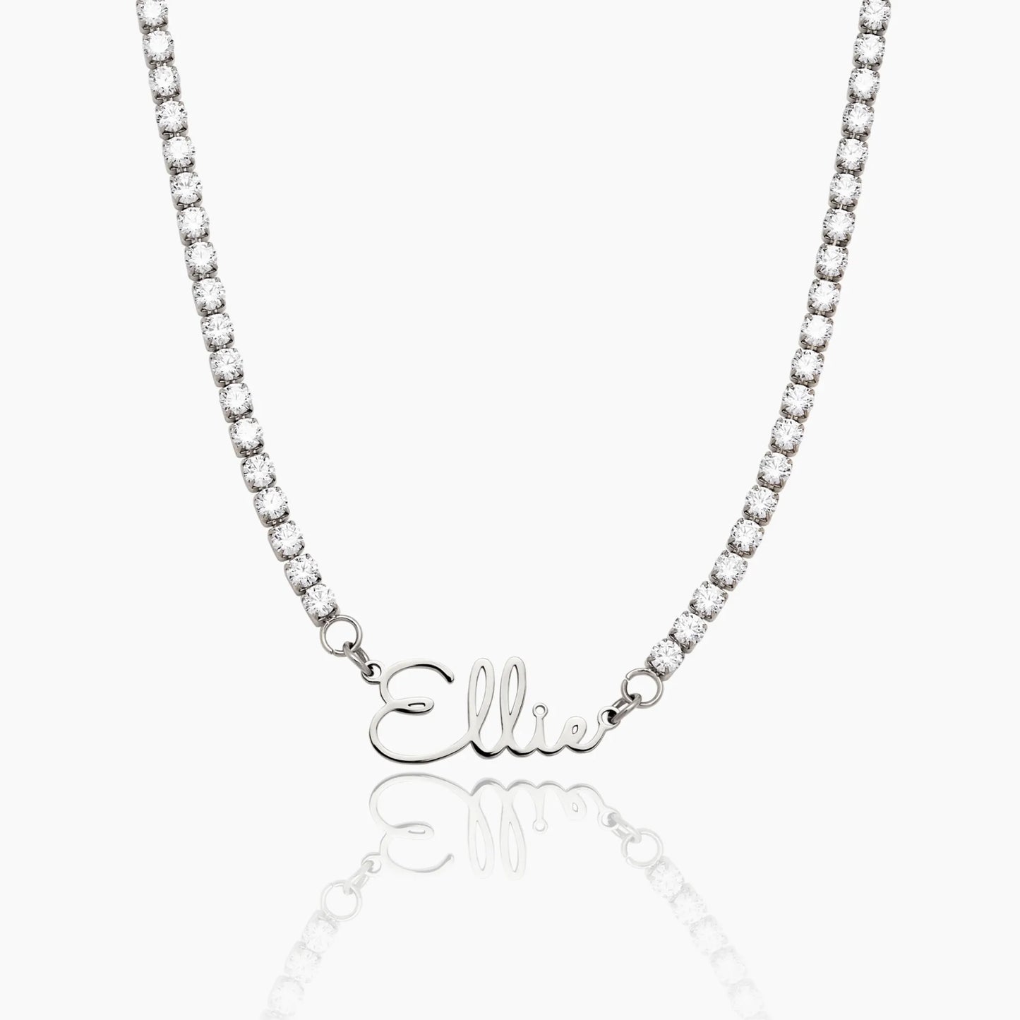Silver signature name tennis necklace detail — Olivia Jewelry
