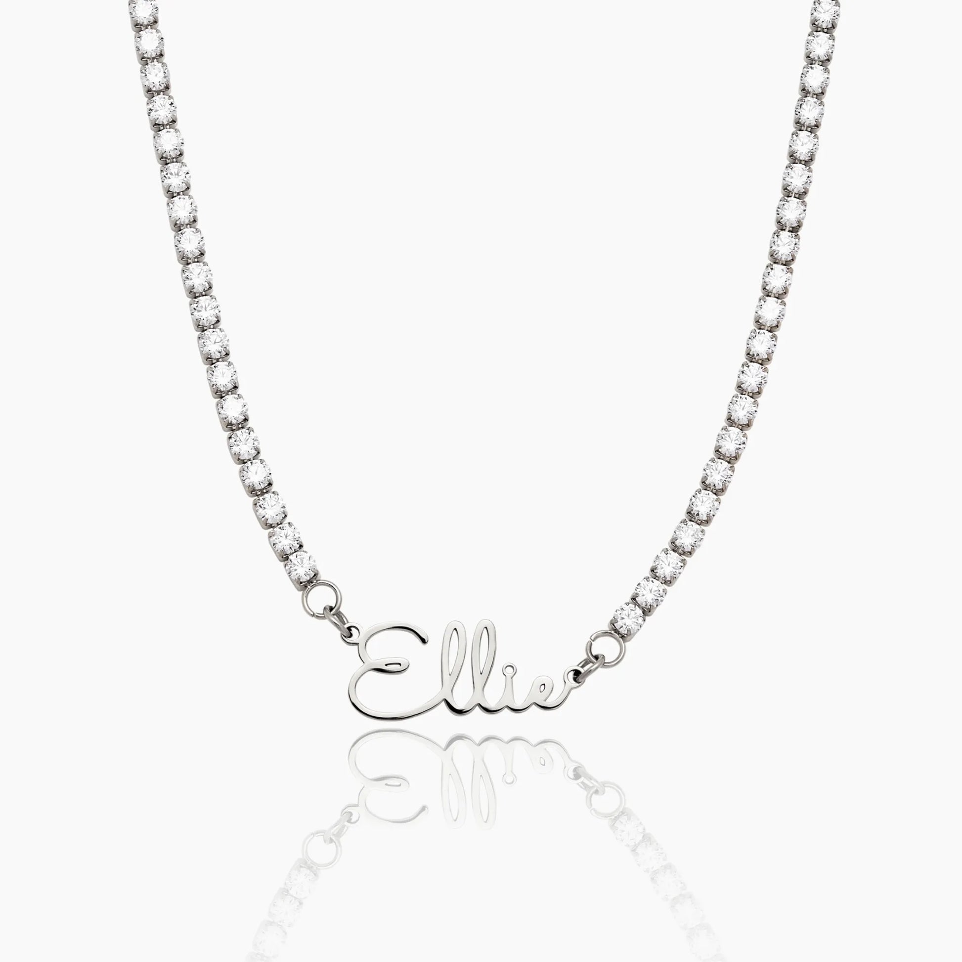 Silver signature name tennis necklace detail — Olivia Jewelry