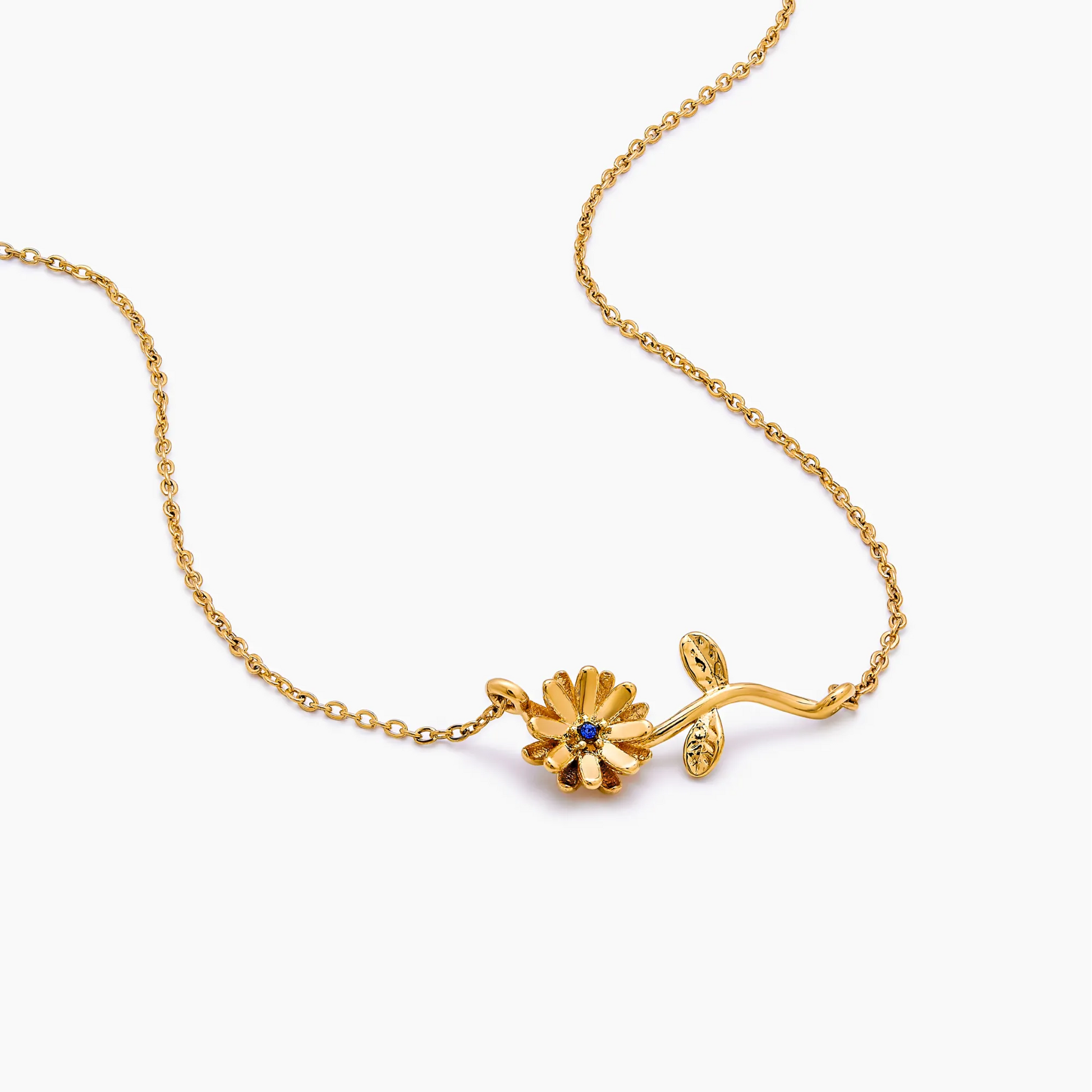 Gold birth flower necklace worn on model — Olivia Jewelry