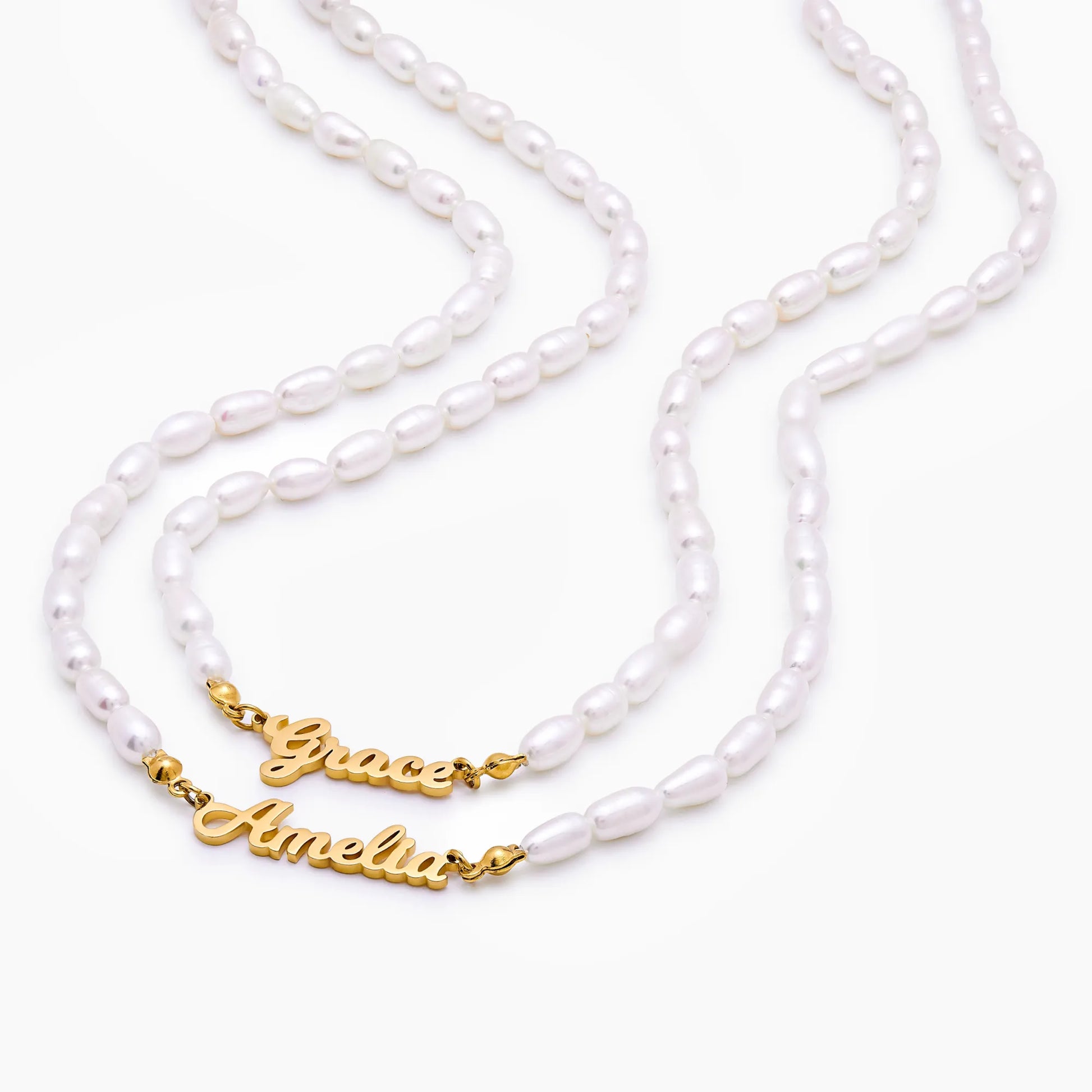 Gold statement name pearl necklace worn on model — Olivia Jewelry