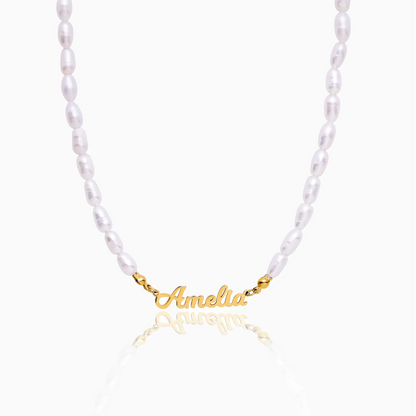 Statement custom name pearl necklace gold — Olivia Jewelry