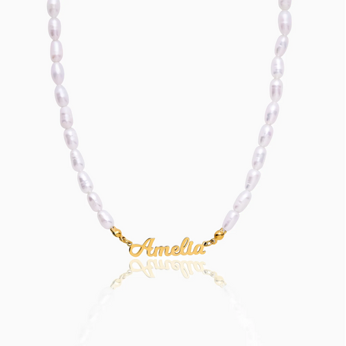 Statement custom name pearl necklace gold — Olivia Jewelry