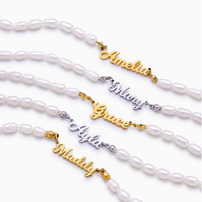 Statement name pearl necklace lifestyle shot — Olivia Jewelry