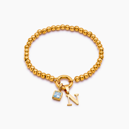 Beaded initial birthstone bracelet gold — Olivia Jewelry