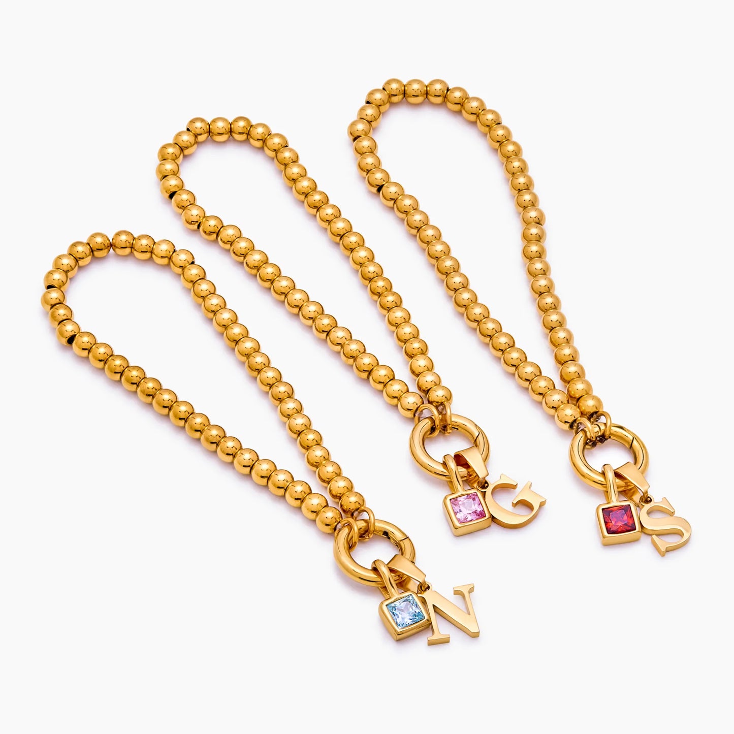 Custom initial birthstone beaded bracelet detail — Olivia Jewelry