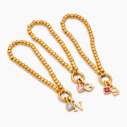 Custom initial birthstone beaded bracelet detail — Olivia Jewelry