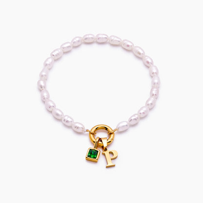 Pearl initial birthstone bracelet gold — Olivia Jewelry