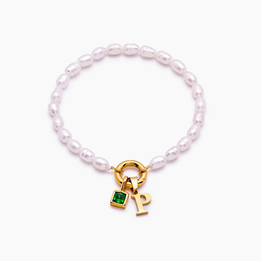 Pearl initial birthstone bracelet gold — Olivia Jewelry