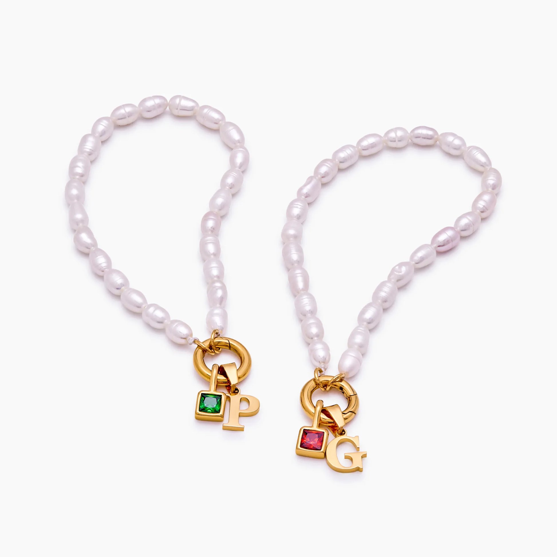 Custom pearl initial birthstone bracelet detail — Olivia Jewelry