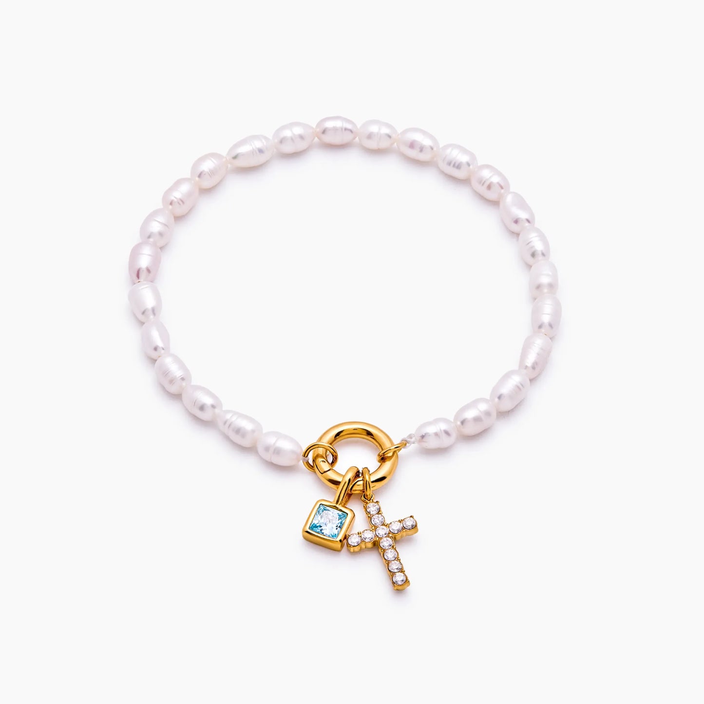 Pearl birthstone cross charm bracelet gold — Olivia Jewelry