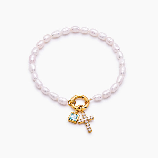 Pearl birthstone cross charm bracelet gold — Olivia Jewelry