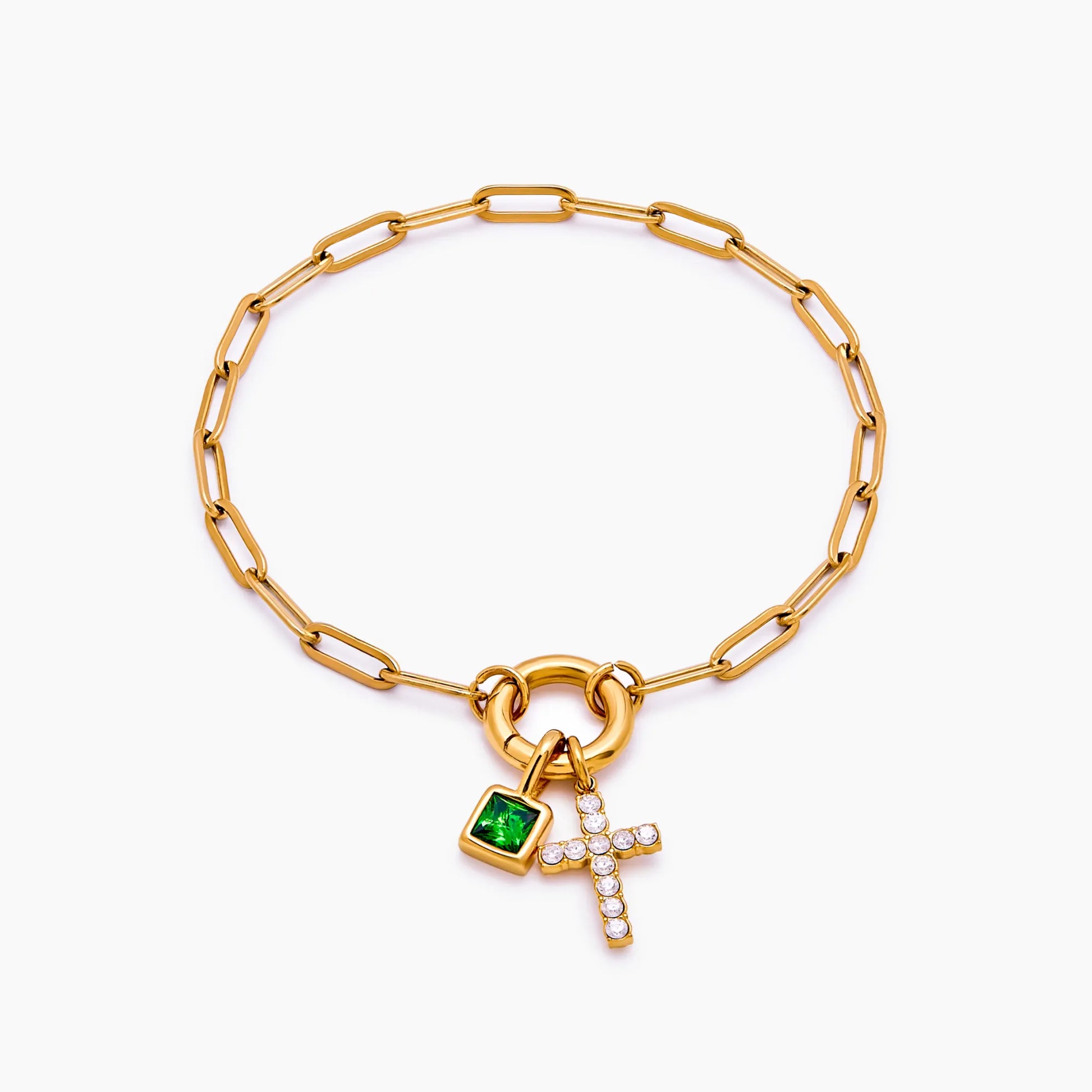 Paperclip cross charm bracelet in gold — Olivia Jewelry